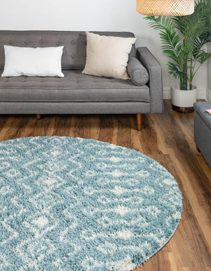 Light Blue 10' x 10' Moroccan Trellis Shag Round Rug