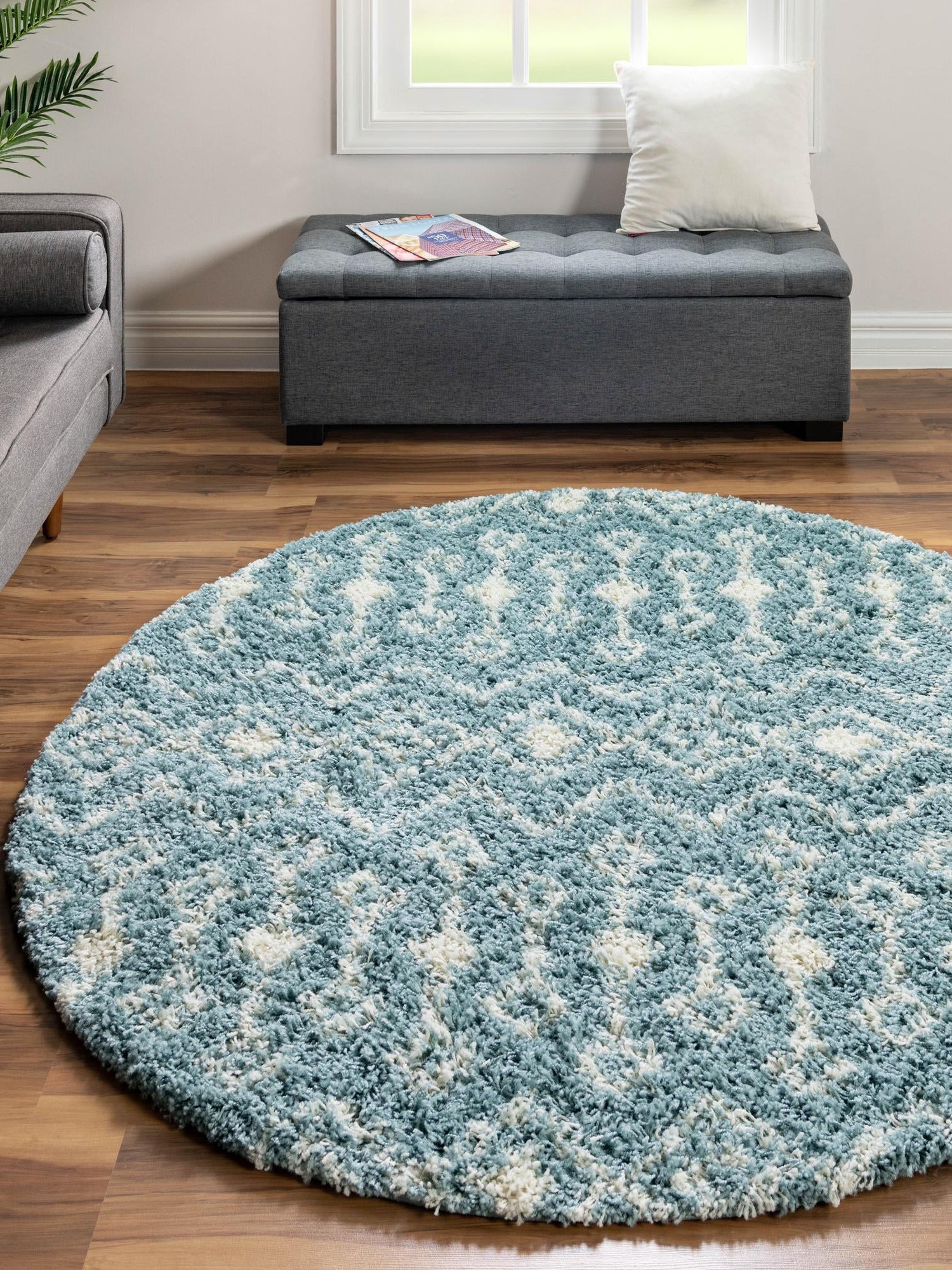 Light Blue 6' 1 x 6' 1 Moroccan Trellis Shag Round Area Rug Thick Soft Touch Fluffy & Plush Shaggy Pile 100% Polypropylene Geometric Traditional Carpet for Sale at Rug Engine
