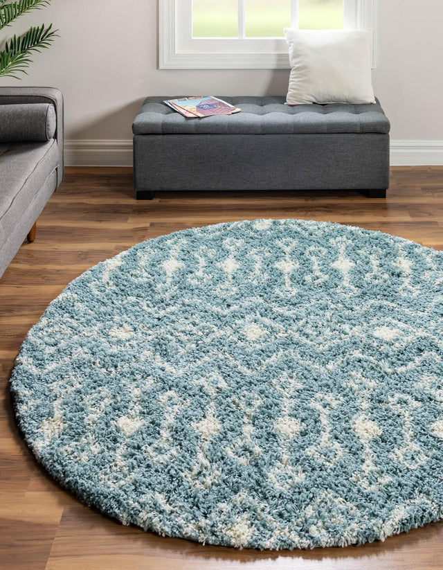 Light Blue 10' x 10' Moroccan Trellis Shag Round Rug