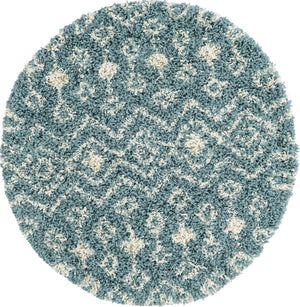 Light Blue 3' 1 x 3' 1 Moroccan Trellis Shag Round Area Rug Thick Soft Touch Fluffy & Plush Shaggy Pile