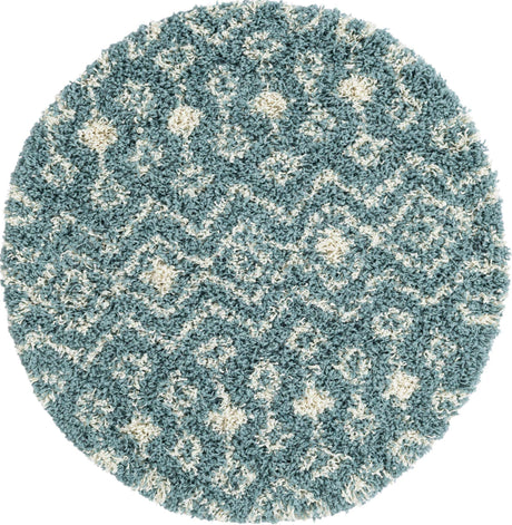 Light Blue 3' 1 x 3' 1 Moroccan Trellis Shag Round Area Rug Thick Soft Touch Fluffy & Plush Shaggy Pile