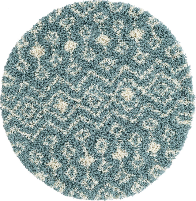 Light Blue 3' 1 x 3' 1 Moroccan Trellis Shag Round Area Rug Thick Soft Touch Fluffy & Plush Shaggy Pile