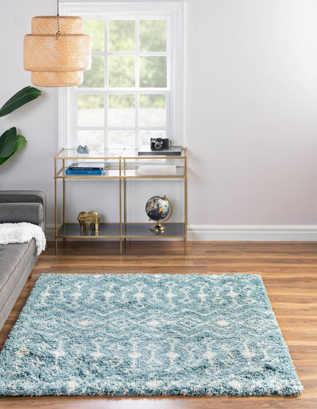 Light Blue 3' 3 x 3' 3 Moroccan Trellis Shag Square Rug