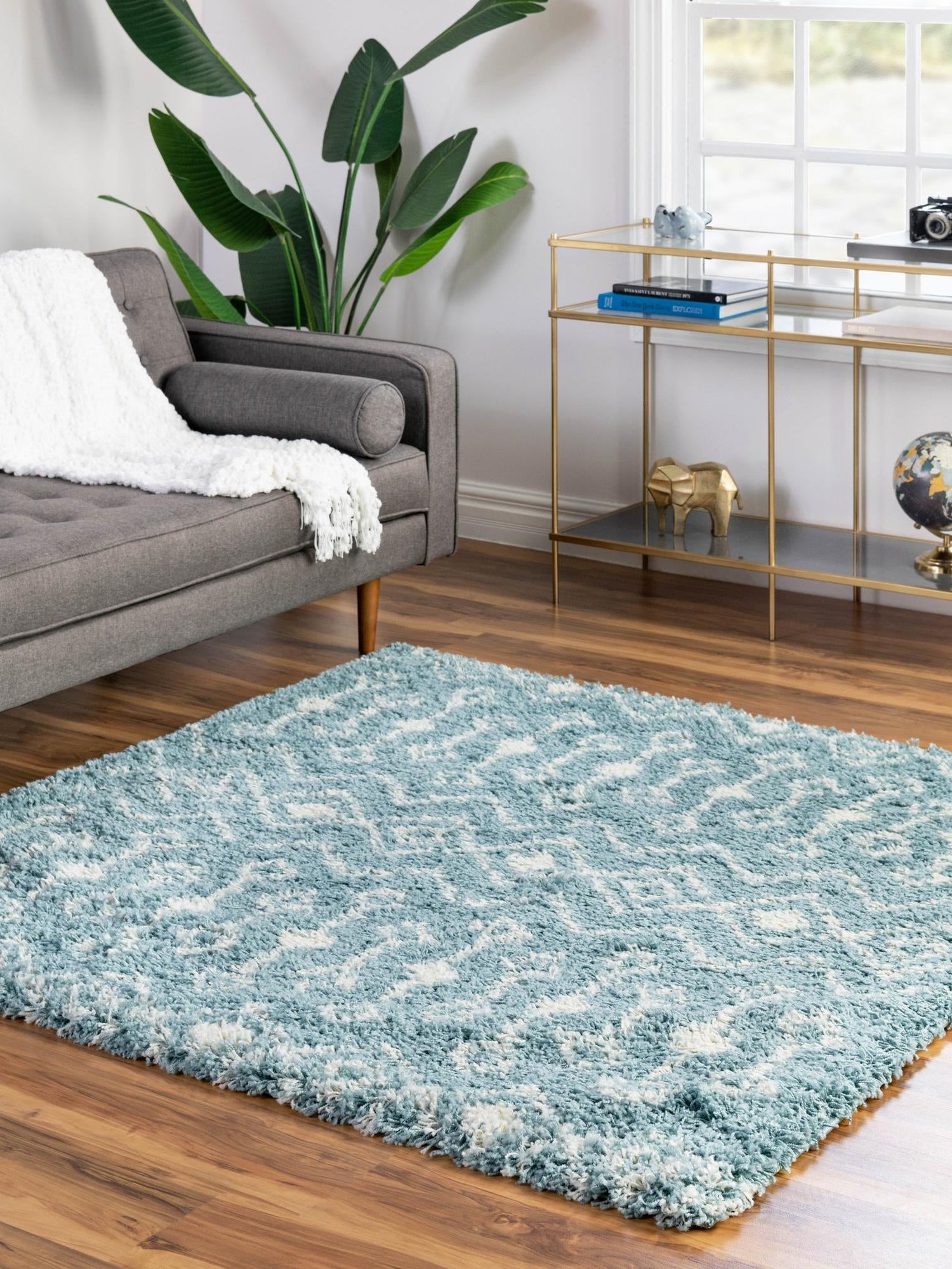 Light Blue 6' 1 x 6' 1 Moroccan Trellis Shag Square Area Rug Thick Soft Touch Fluffy & Plush Shaggy Pile 100% Polypropylene Geometric Traditional Carpet for Sale at Rug Engine