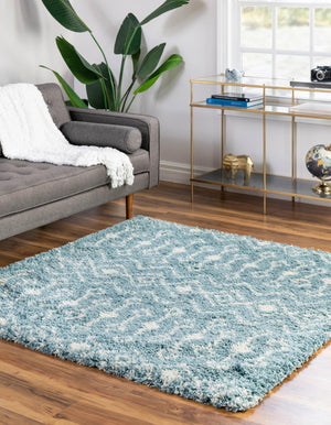 Light Blue 4' x 4' Moroccan Trellis Shag Square Rug
