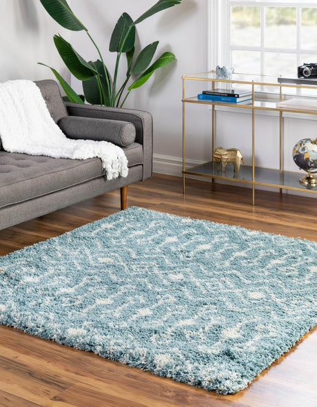 Light Blue 4' 1 x 4' 1 Moroccan Trellis Shag Square Area Rug Thick Soft Touch Fluffy & Plush Shaggy Pile 100% Polypropylene Geometric Traditional Carpet for Sale at Rug Engine