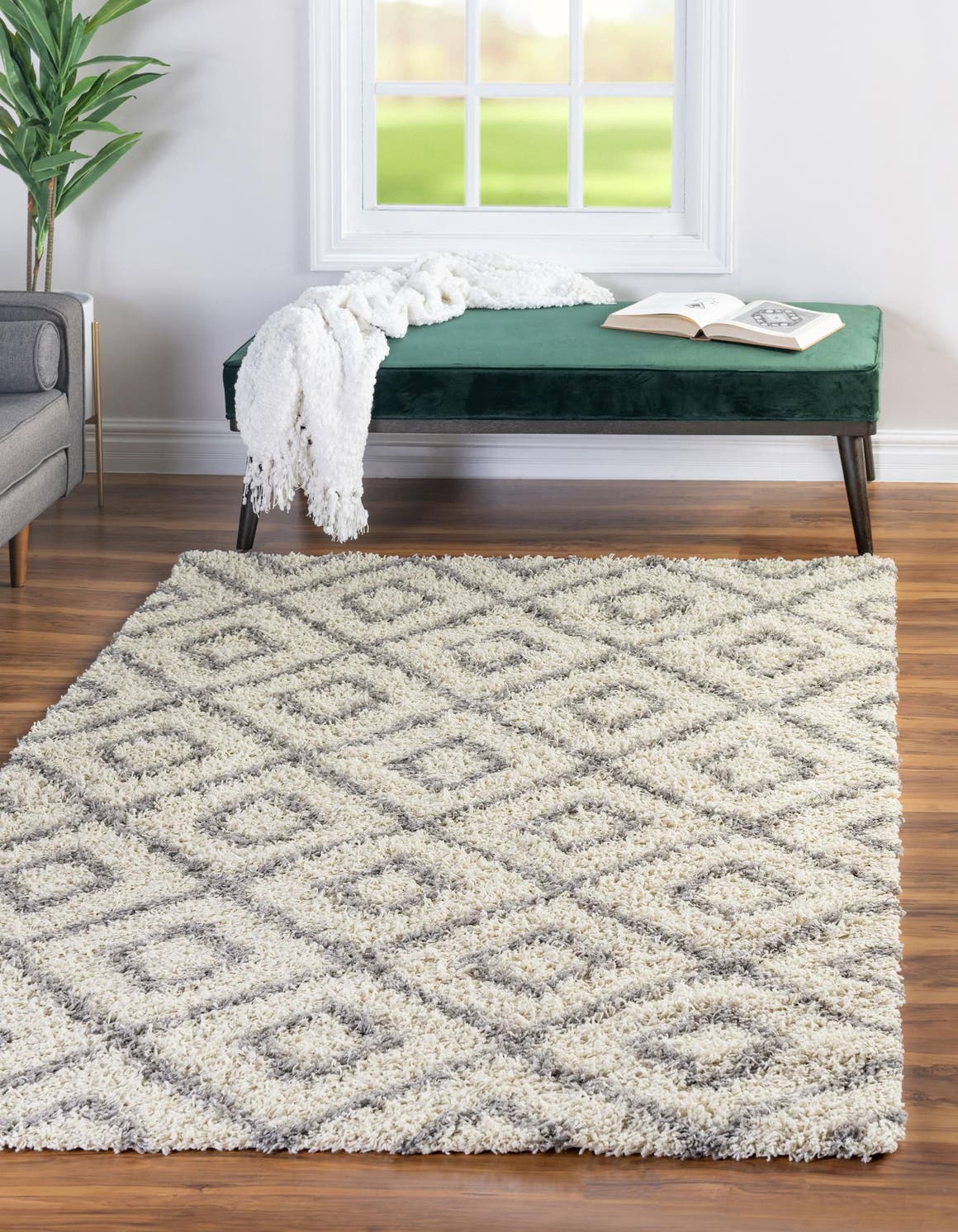 Ivory 6' x 9' Trellis Shag Rectangle Area Rug Thick Soft Touch Fluffy & Plush Shaggy Pile Geometric Modern Unique Carpet for Home Interior Design for Sale at Rug Engine