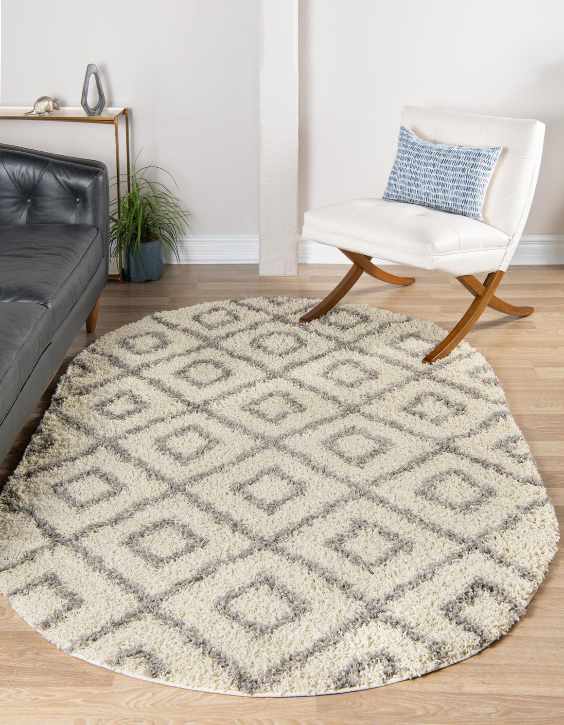 Ivory 5' 3 x 8' Trellis Shag Oval Area Rug Thick Soft Touch Fluffy & Plush Shaggy Pile Geometric Modern Unique Carpet for Home Interior Design for Sale at Rug Engine