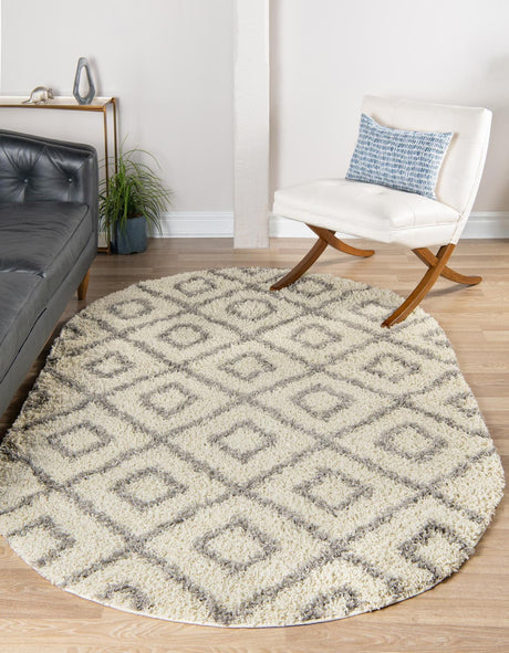 Ivory 5' 3 x 8' Trellis Shag Oval Area Rug Thick Soft Touch Fluffy & Plush Shaggy Pile