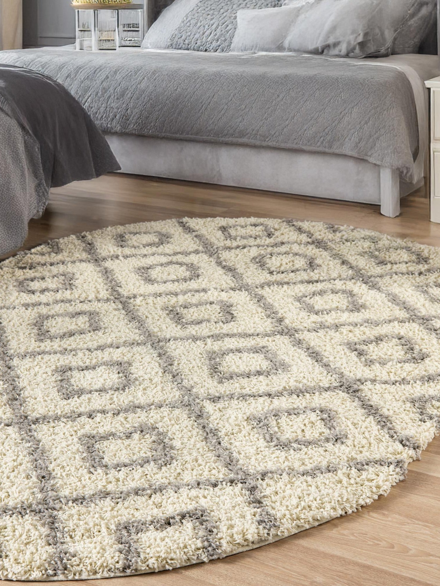 Ivory 7' 10 x 10' Trellis Shag Oval Area Rug Thick Soft Touch Fluffy & Plush Shaggy Pile Geometric Modern Unique Carpet for Home Interior Design for Sale at Rug Engine