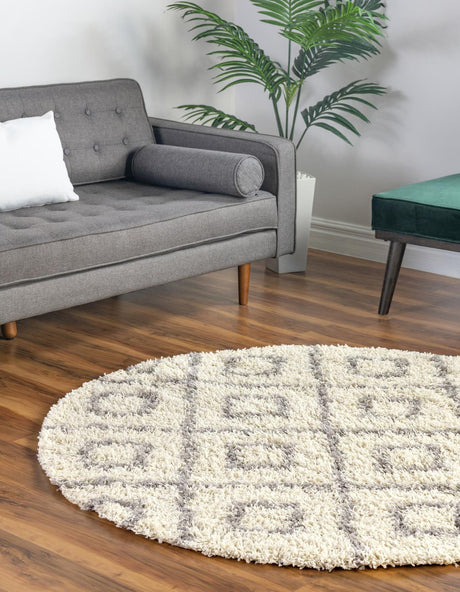 Ivory 10' x 10' Trellis Shag Round Area Rug Thick Soft Touch Fluffy & Plush Shaggy Pile
