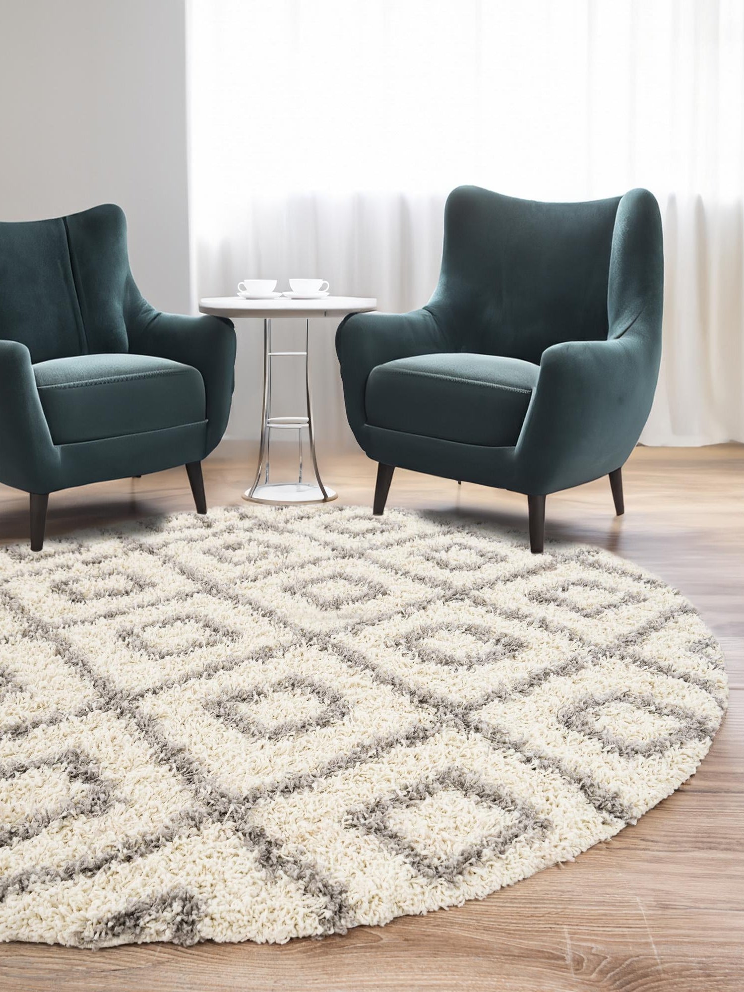 Ivory 3' 3 x 3' 3 Trellis Shag Round Area Rug Thick Soft Touch Fluffy & Plush Shaggy Pile Geometric Modern Unique Carpet for Home Interior Design for Sale at Rug Engine