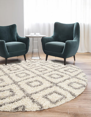 Ivory 10' x 10' Trellis Shag Round Area Rug Thick Soft Touch Fluffy & Plush Shaggy Pile