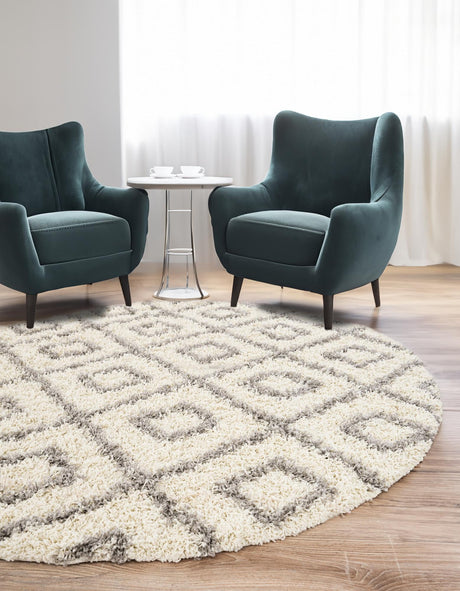 Ivory 10' x 10' Trellis Shag Round Area Rug Thick Soft Touch Fluffy & Plush Shaggy Pile