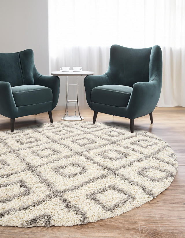 Ivory 10' x 10' Trellis Shag Round Area Rug Thick Soft Touch Fluffy & Plush Shaggy Pile