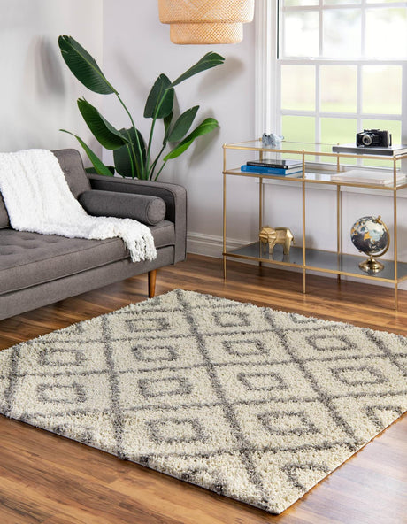 Ivory 5' 3 x 5' 3 Trellis Shag Square Area Rug Thick Soft Touch Fluffy & Plush Shaggy Pile