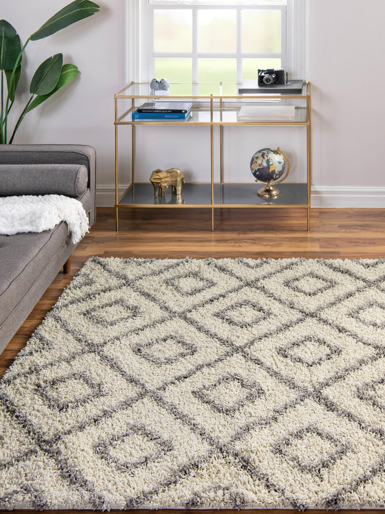 Ivory 6' x 6' Trellis Shag Square Area Rug Thick Soft Touch Fluffy & Plush Shaggy Pile Geometric Modern Unique Carpet for Home Interior Design for Sale at Rug Engine
