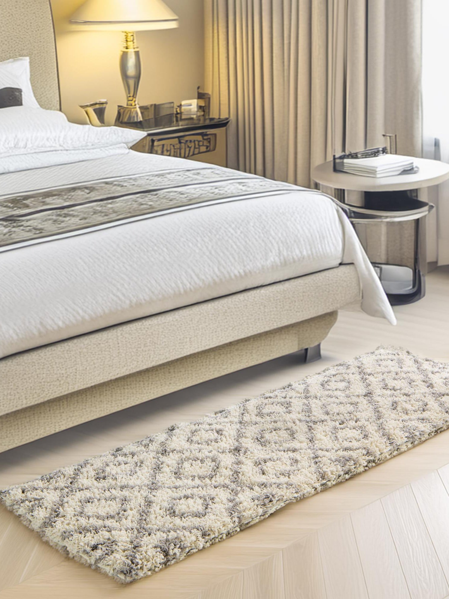 Ivory 2' 7 x 10' Trellis Shag Runner Area Rug Thick Soft Touch Fluffy & Plush Shaggy Pile Geometric Modern Unique Carpet for Home Interior Design for Sale at Rug Engine