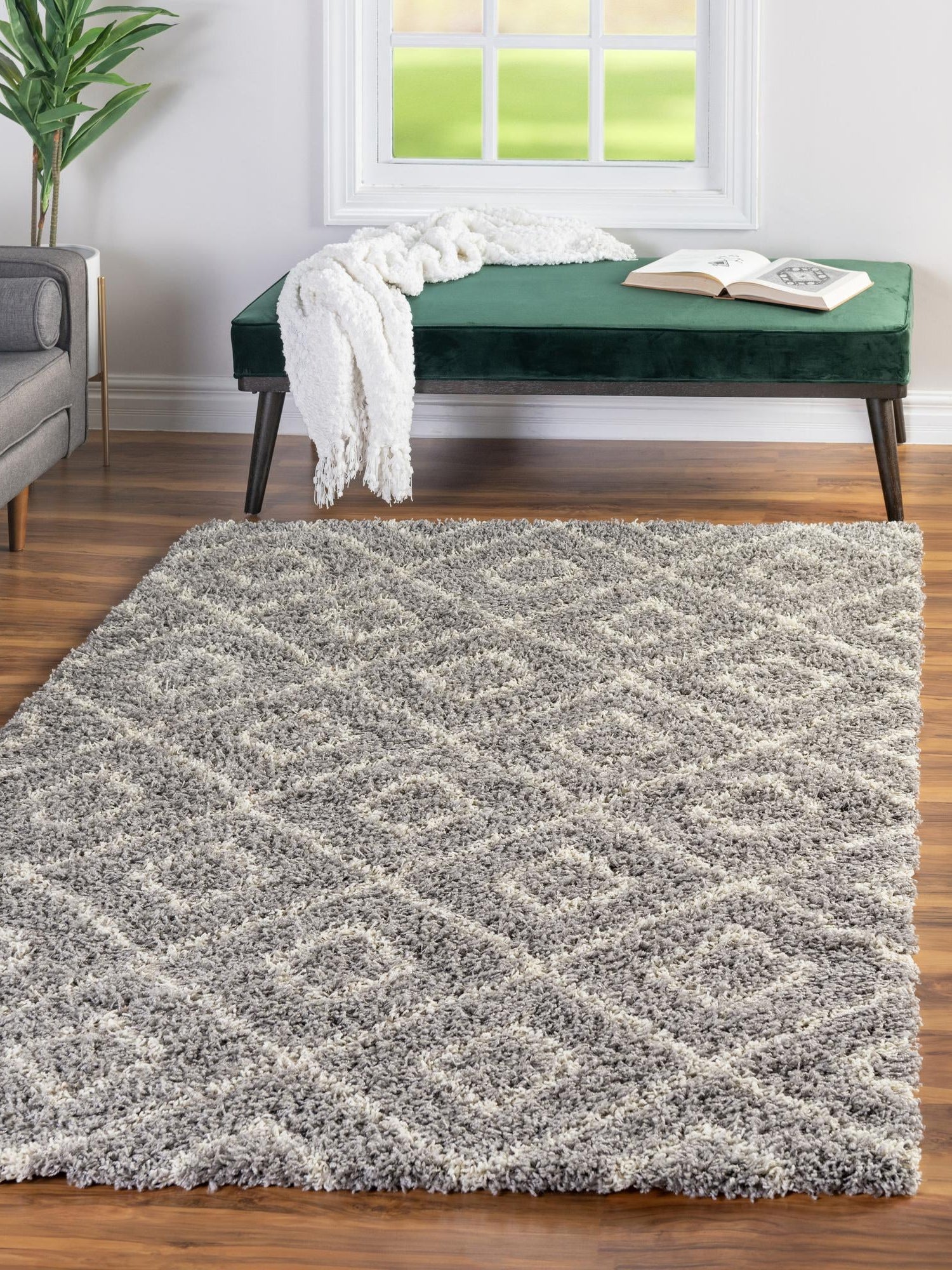 Gray 6' x 9' Trellis Shag Rectangle Area Rug Thick Soft Touch Fluffy & Plush Shaggy Pile Geometric Modern Unique Carpet for Home Interior Design for Sale at Rug Engine
