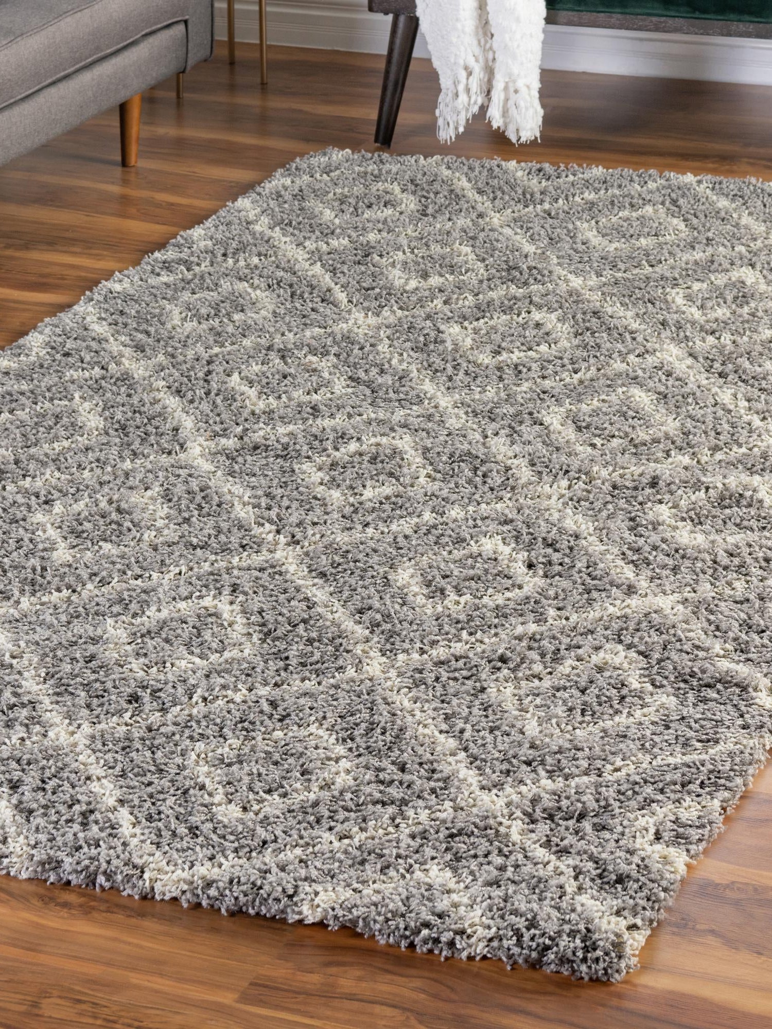 Gray 9' x 12' Trellis Shag Rectangle Area Rug Thick Soft Touch Fluffy & Plush Shaggy Pile Geometric Modern Unique Carpet for Home Interior Design for Sale at Rug Engine