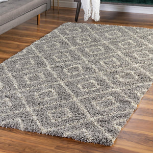 Gray 9' x 12' Trellis Shag Rectangle Area Rug Thick Soft Touch Fluffy & Plush Shaggy Pile