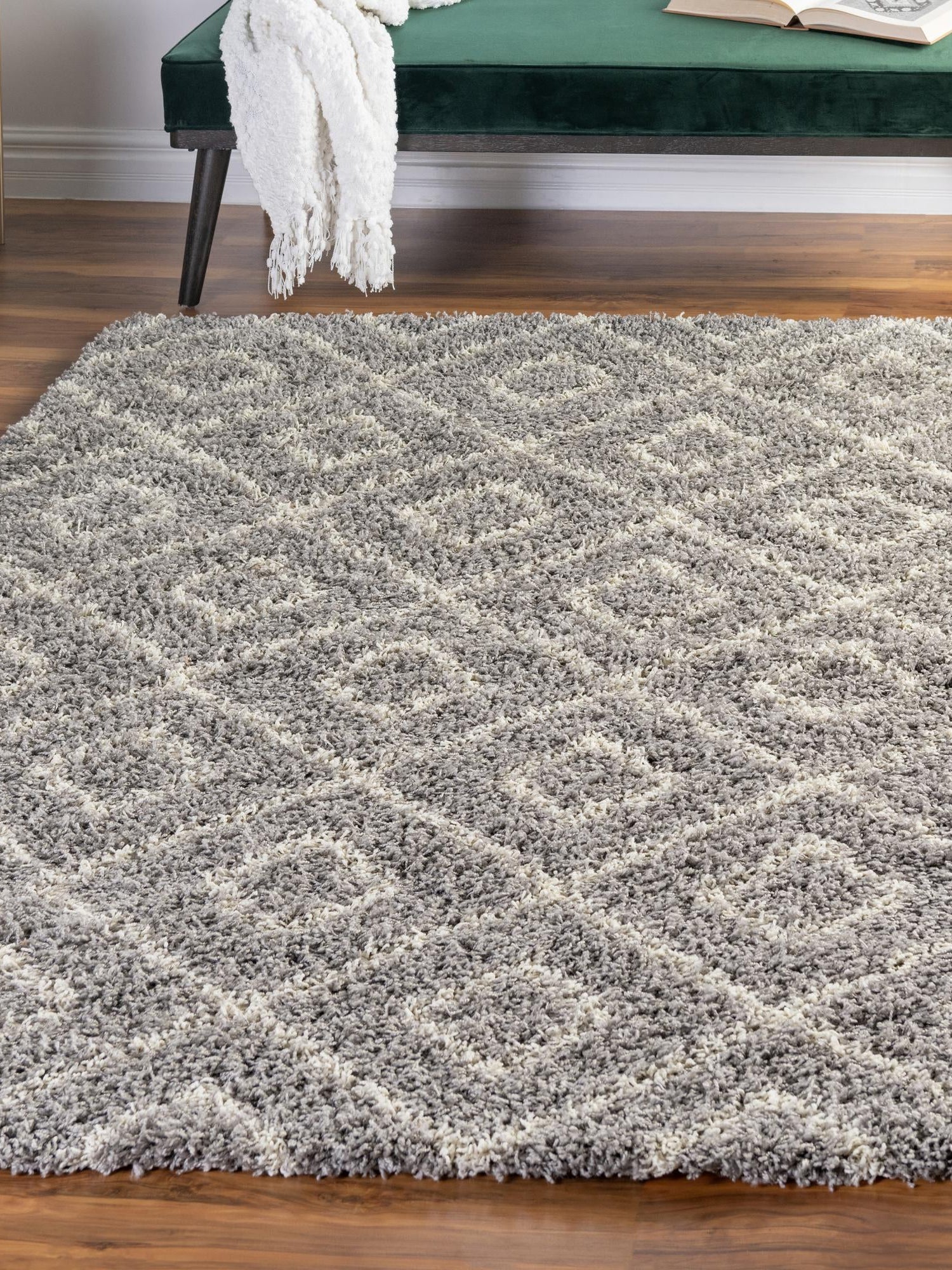 Gray 9' x 12' Trellis Shag Rectangle Area Rug Thick Soft Touch Fluffy & Plush Shaggy Pile Geometric Modern Unique Carpet for Home Interior Design for Sale at Rug Engine