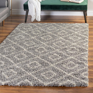 Gray 9' x 12' Trellis Shag Rectangle Area Rug Thick Soft Touch Fluffy & Plush Shaggy Pile