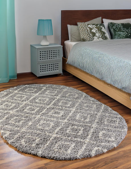 Gray 7' 10 x 10' Trellis Shag Oval Area Rug Thick Soft Touch Fluffy & Plush Shaggy Pile Geometric Modern Unique Carpet for Home Interior Design for Sale at Rug Engine