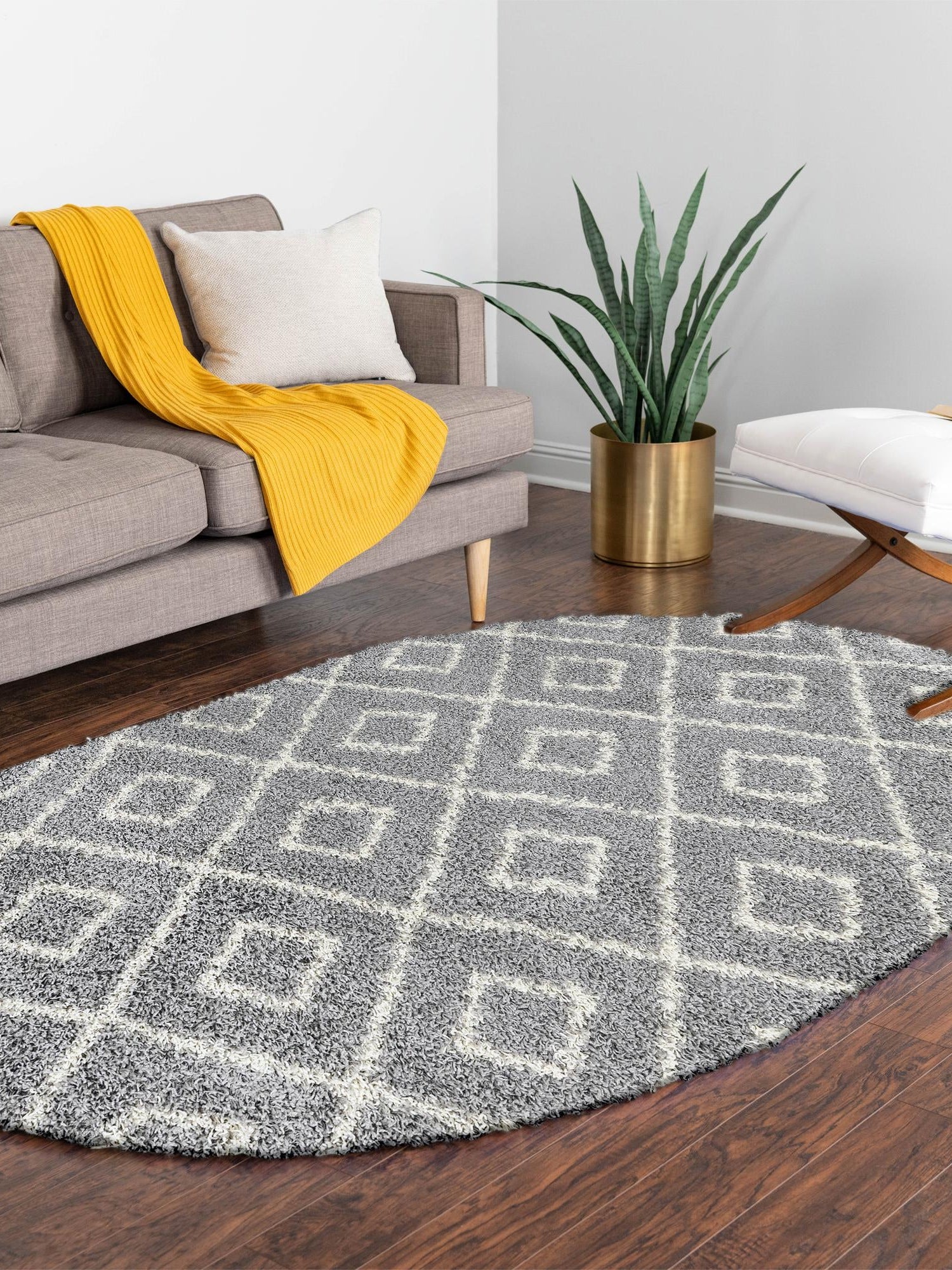 Gray 4' x 6' Trellis Shag Oval Area Rug Thick Soft Touch Fluffy & Plush Shaggy Pile Geometric Modern Unique Carpet for Home Interior Design for Sale at Rug Engine