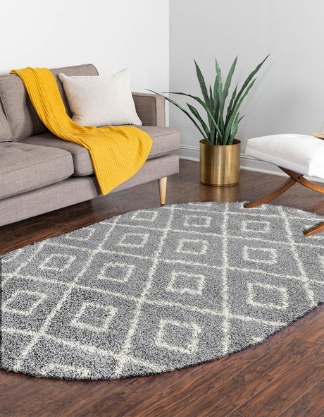 Gray 5' 3 x 8' Trellis Shag Oval Area Rug Thick Soft Touch Fluffy & Plush Shaggy Pile Geometric Modern Unique Carpet for Home Interior Design for Sale at Rug Engine