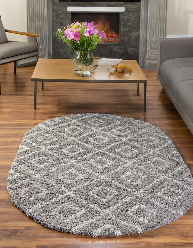 Gray 7' 10 x 10' Trellis Shag Oval Area Rug Thick Soft Touch Fluffy & Plush Shaggy Pile