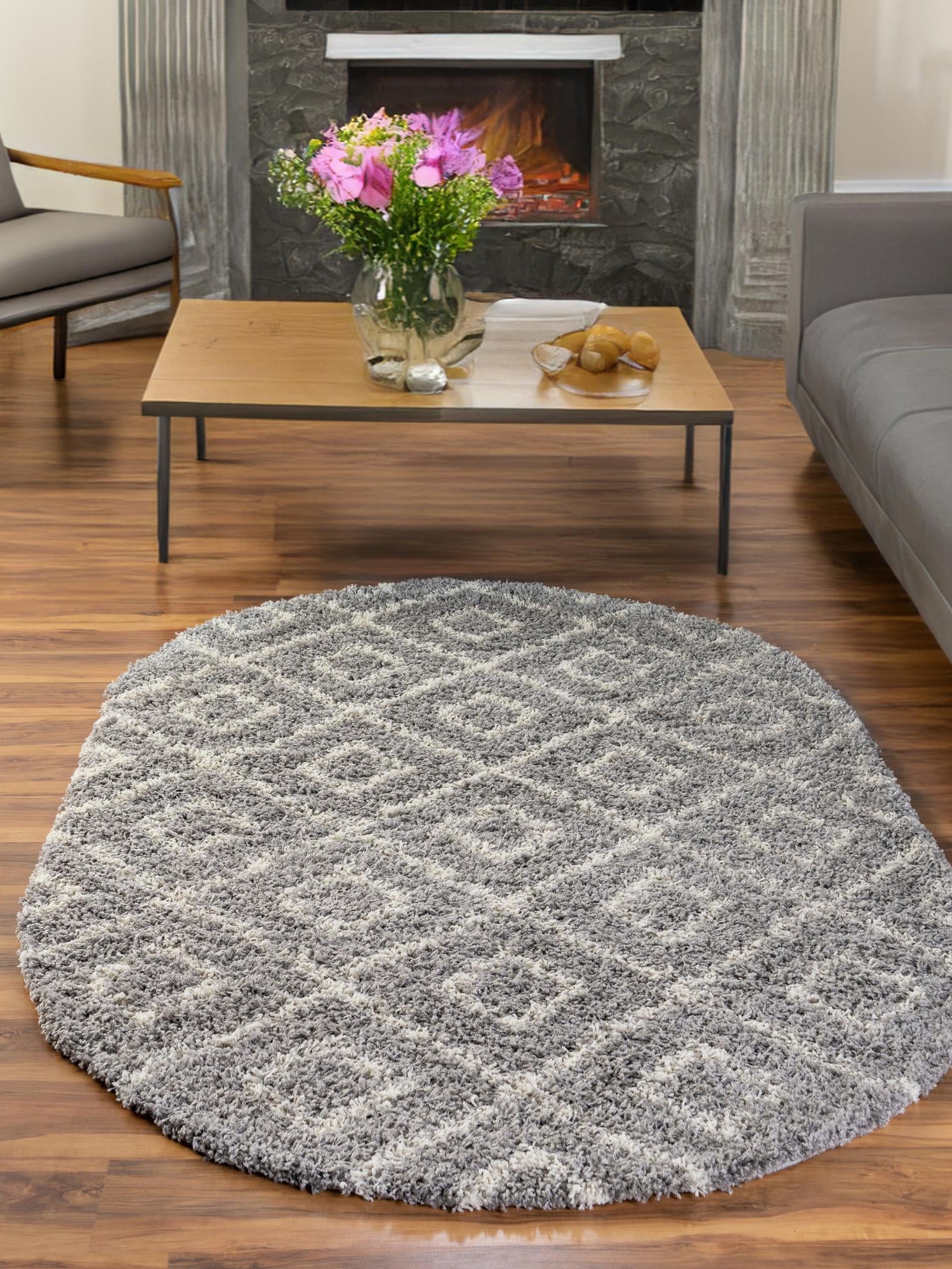 Gray 5' 3 x 8' Trellis Shag Oval Area Rug Thick Soft Touch Fluffy & Plush Shaggy Pile Geometric Modern Unique Carpet for Home Interior Design for Sale at Rug Engine