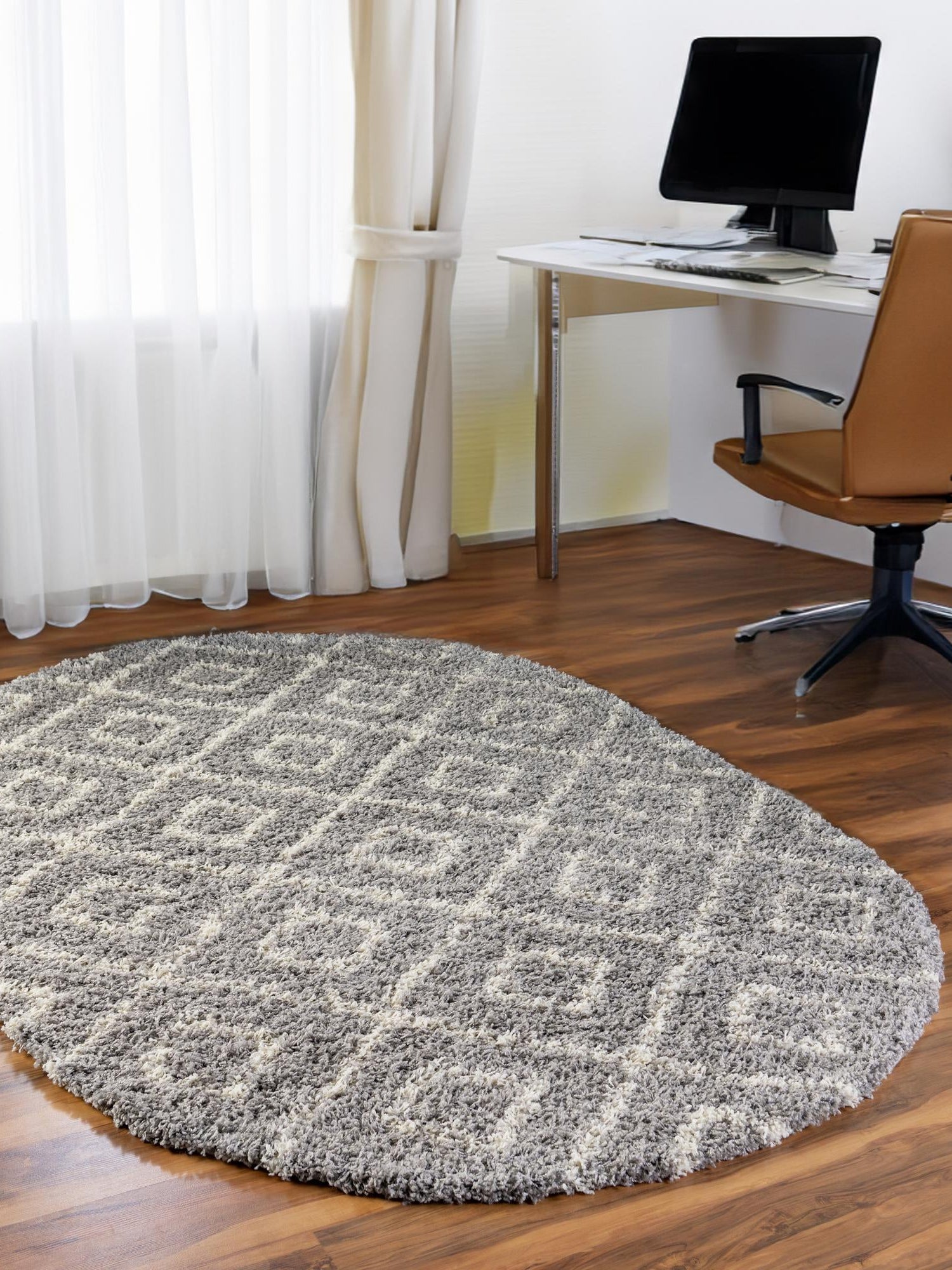 Gray 5' 3 x 8' Trellis Shag Oval Area Rug Thick Soft Touch Fluffy & Plush Shaggy Pile Geometric Modern Unique Carpet for Home Interior Design for Sale at Rug Engine