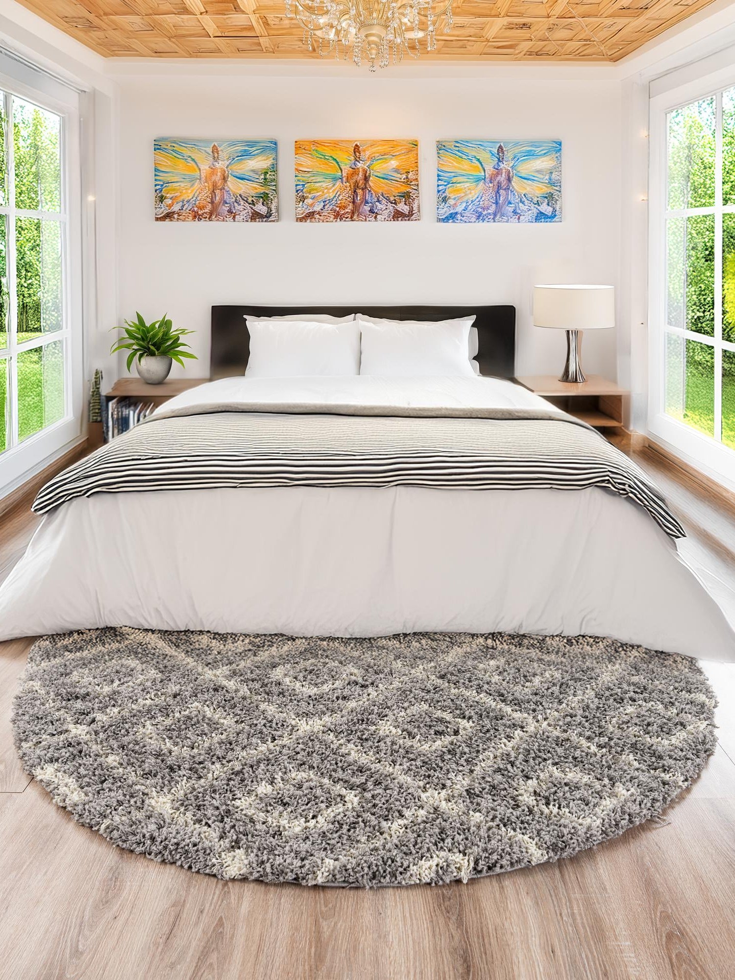 Gray 10' x 10' Trellis Shag Round Area Rug Thick Soft Touch Fluffy & Plush Shaggy Pile Geometric Modern Unique Carpet for Home Interior Design for Sale at Rug Engine