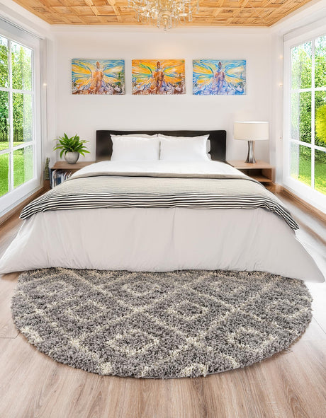 Gray 10' x 10' Trellis Shag Round Area Rug Thick Soft Touch Fluffy & Plush Shaggy Pile
