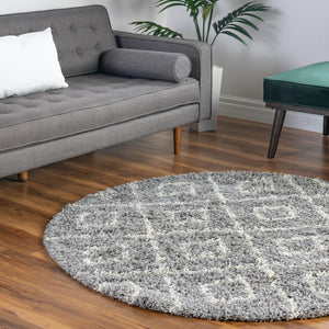 Gray 7' 10 x 7' 10 Trellis Shag Round Area Rug Thick Soft Touch Fluffy & Plush Shaggy Pile
