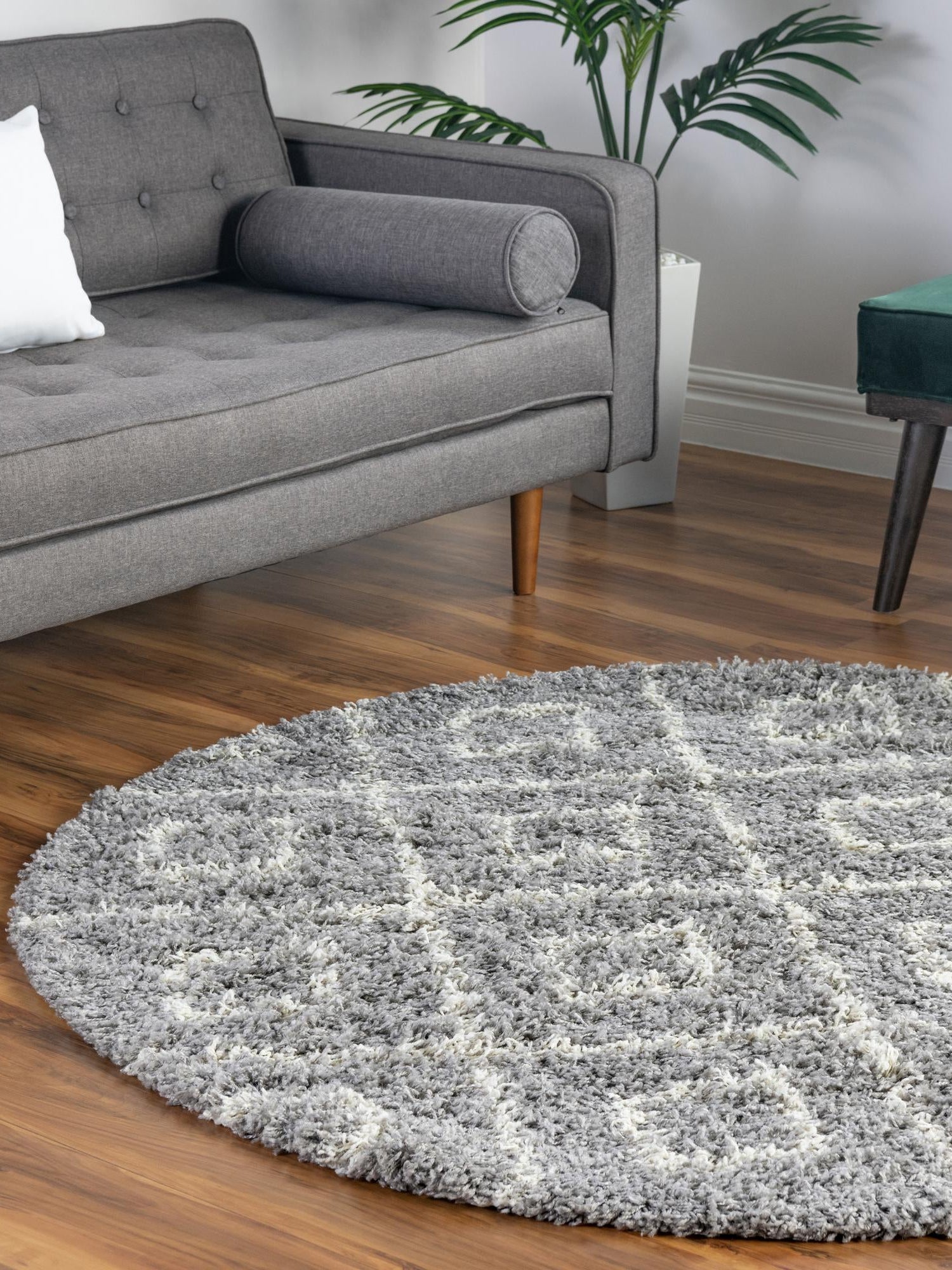 Gray 6' x 6' Trellis Shag Round Area Rug Thick Soft Touch Fluffy & Plush Shaggy Pile Geometric Modern Unique Carpet for Home Interior Design for Sale at Rug Engine