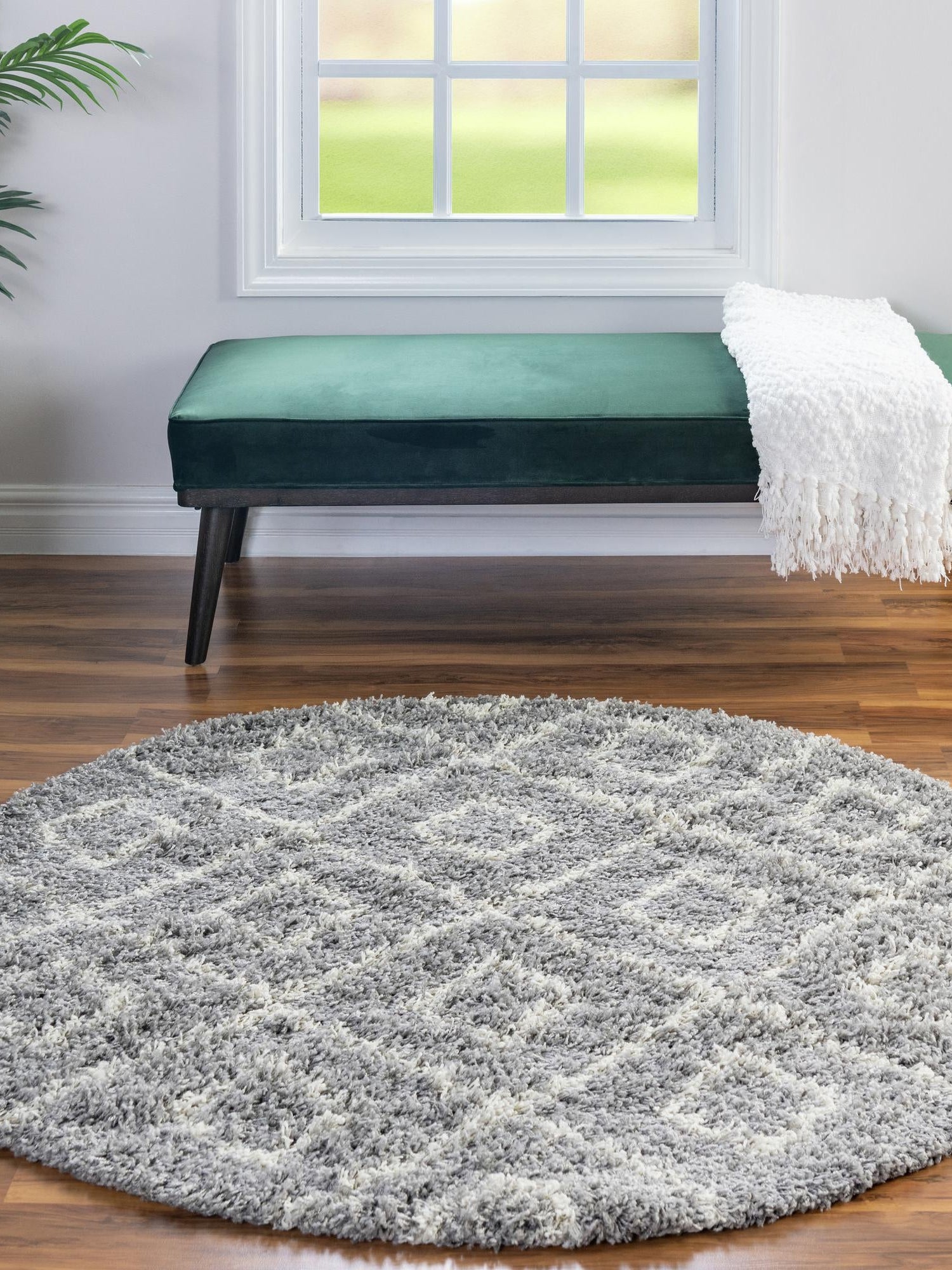Gray 6' x 6' Trellis Shag Round Area Rug Thick Soft Touch Fluffy & Plush Shaggy Pile Geometric Modern Unique Carpet for Home Interior Design for Sale at Rug Engine