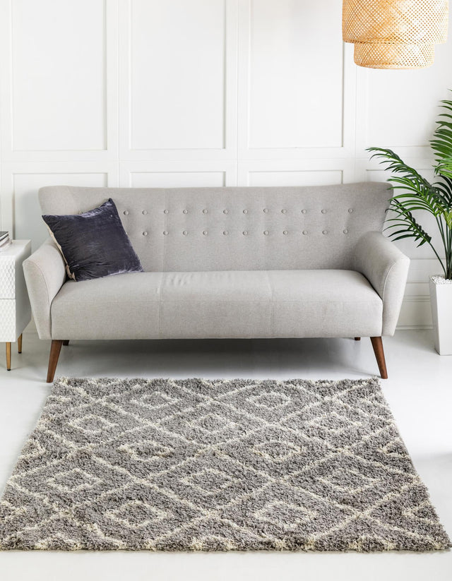 Gray 6' x 6' Trellis Shag Square Area Rug Thick Soft Touch Fluffy & Plush Shaggy Pile