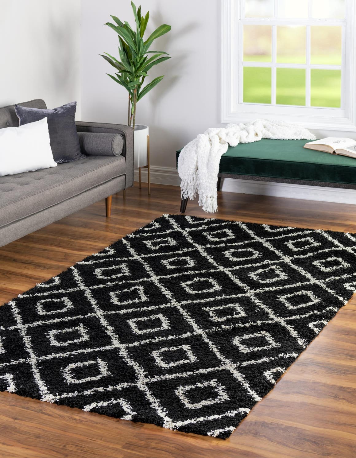Black and White 10' 8 x 14' Trellis Shag Rectangle Area Rug Thick Soft Touch Fluffy & Plush Shaggy Pile Geometric Modern Unique Carpet for Home Interior Design for Sale at Rug Engine