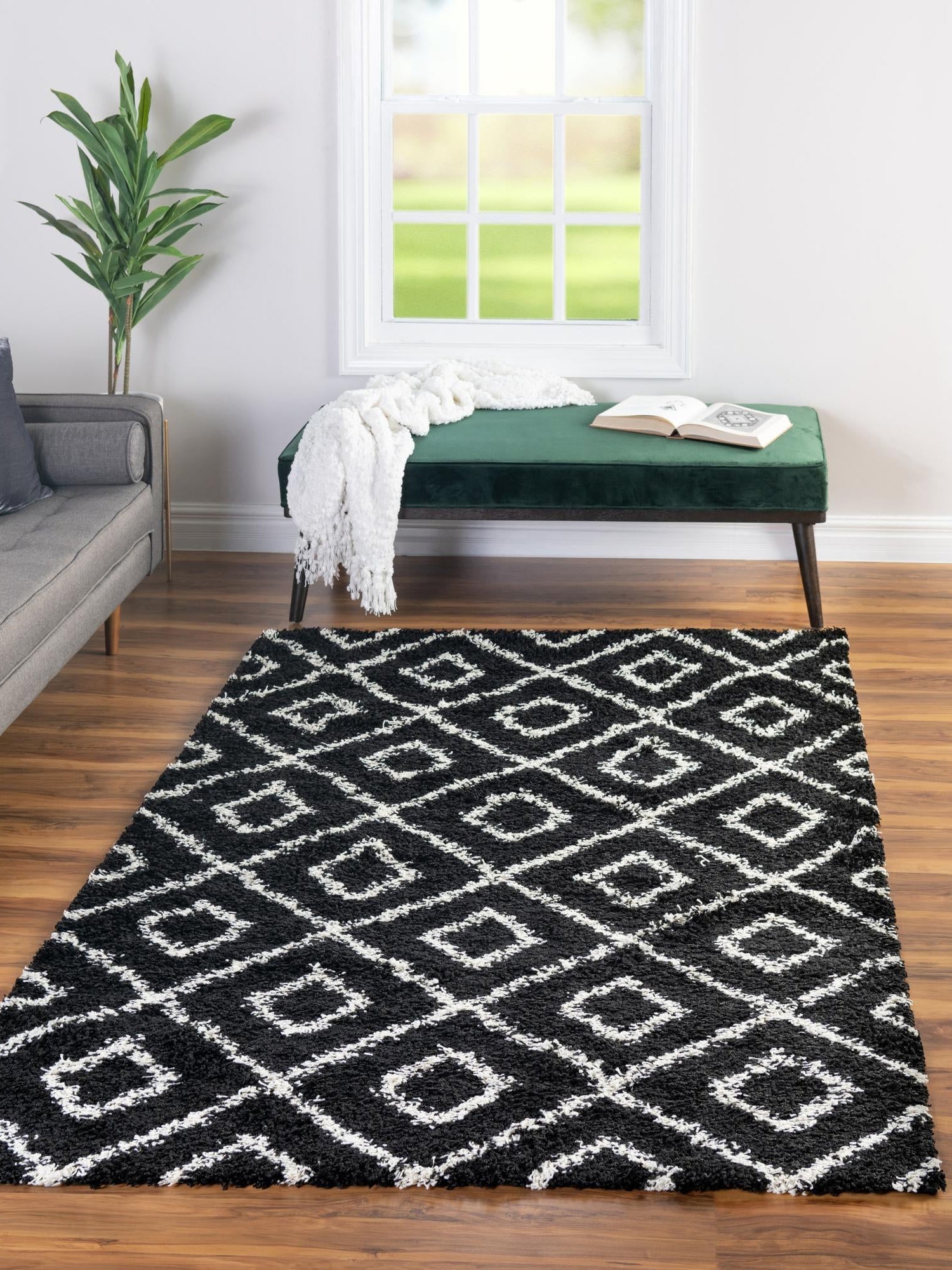 Black and White 10' 8 x 14' Trellis Shag Rectangle Area Rug Thick Soft Touch Fluffy & Plush Shaggy Pile Geometric Modern Unique Carpet for Home Interior Design for Sale at Rug Engine