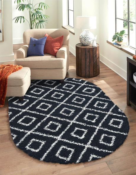 Black and White 4' x 6' Trellis Shag Oval Area Rug Thick Soft Touch Fluffy & Plush Shaggy Pile