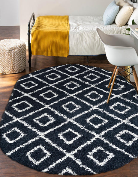 Black and White 4' x 6' Trellis Shag Oval Area Rug Thick Soft Touch Fluffy & Plush Shaggy Pile