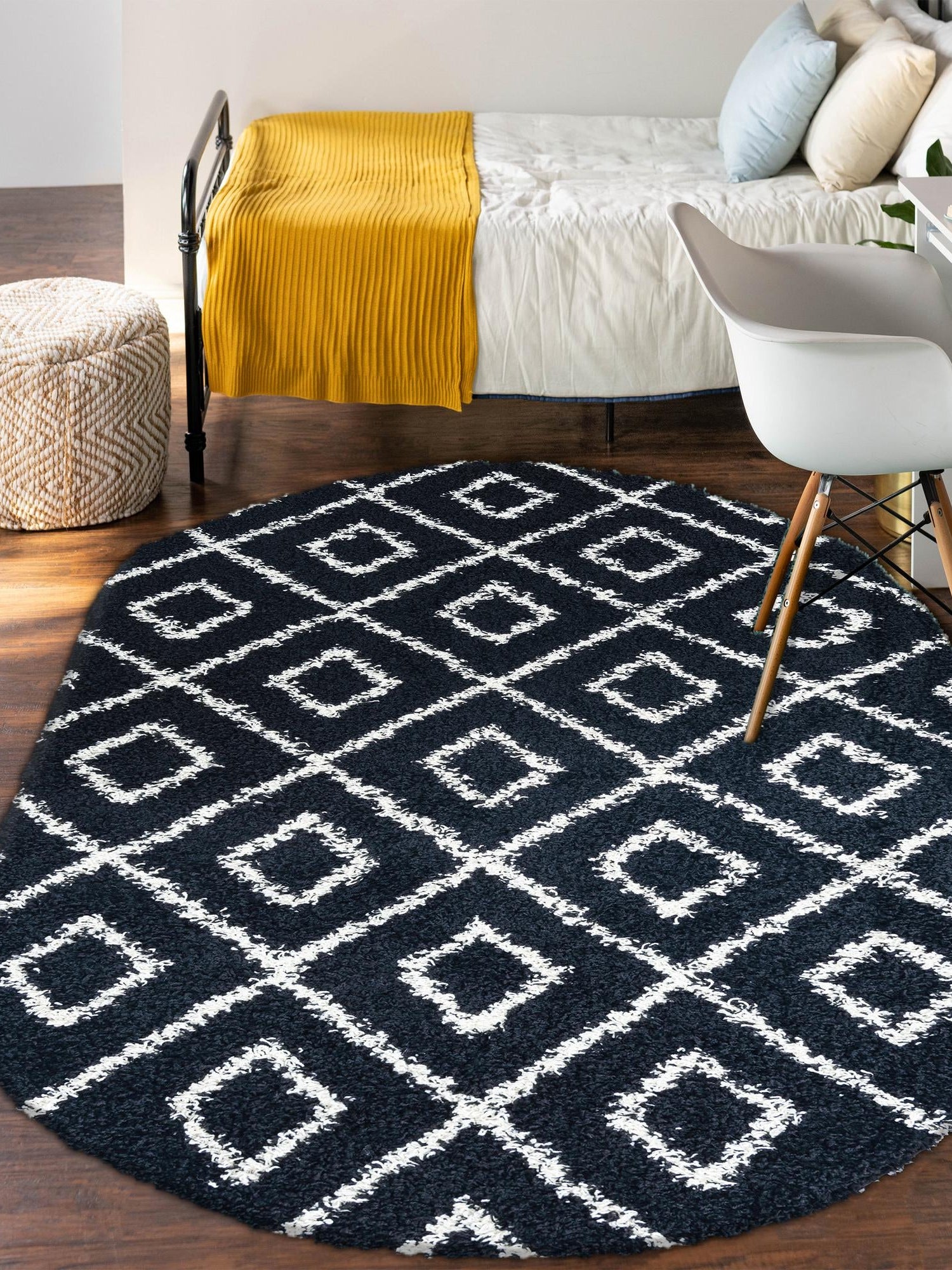 Black and White 7' 10 x 10' Trellis Shag Oval Area Rug Thick Soft Touch Fluffy & Plush Shaggy Pile Geometric Modern Unique Carpet for Home Interior Design for Sale at Rug Engine