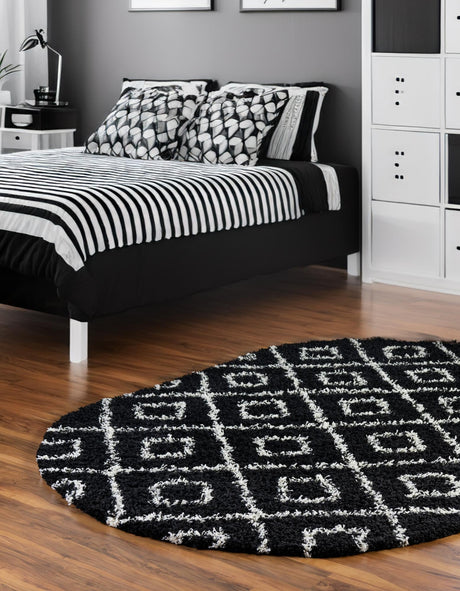 Black and White 5' 3 x 8' Trellis Shag Oval Area Rug Thick Soft Touch Fluffy & Plush Shaggy Pile Geometric Modern Unique Carpet for Home Interior Design for Sale at Rug Engine