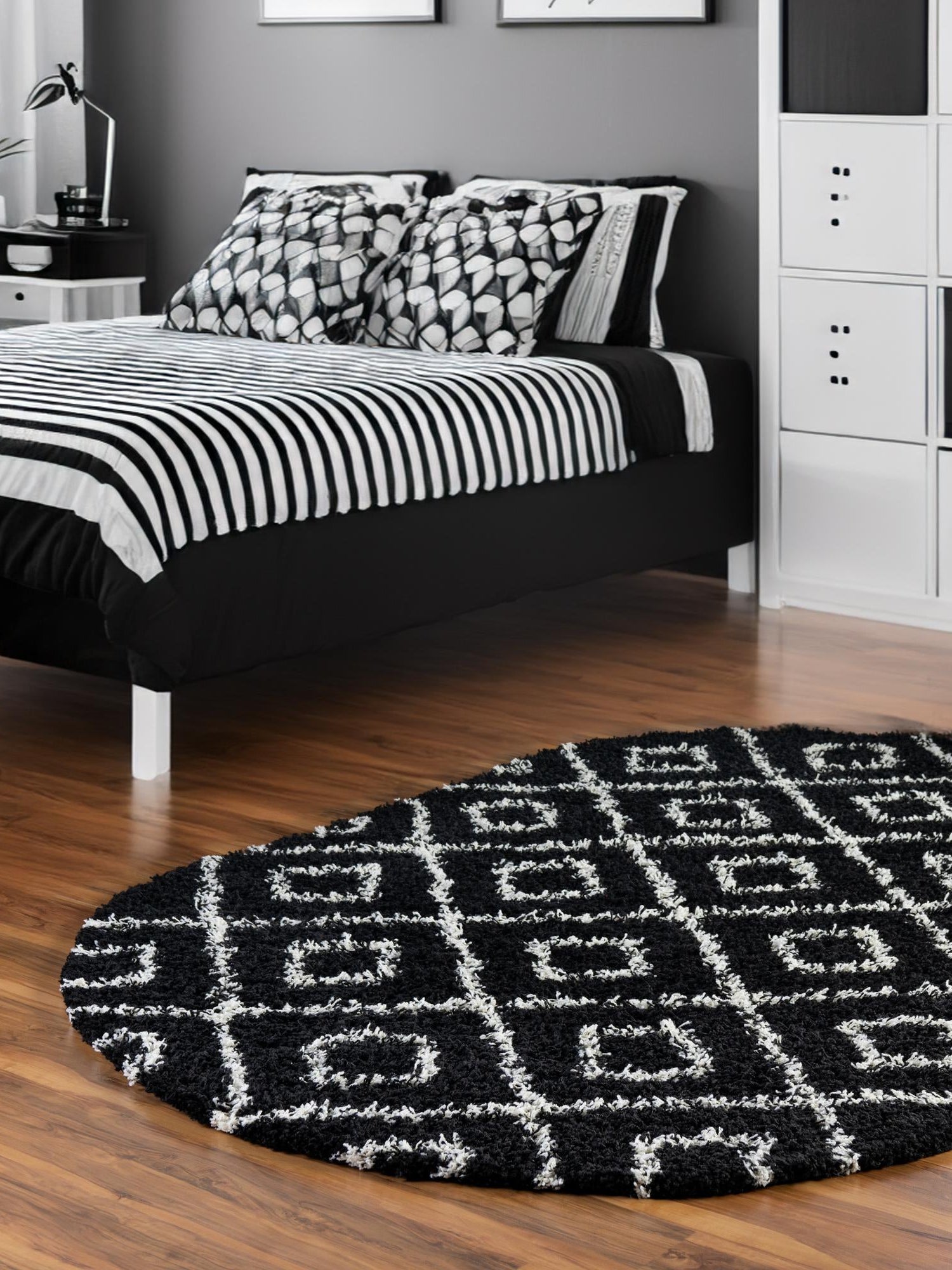 Black and White 7' 10 x 10' Trellis Shag Oval Area Rug Thick Soft Touch Fluffy & Plush Shaggy Pile Geometric Modern Unique Carpet for Home Interior Design for Sale at Rug Engine