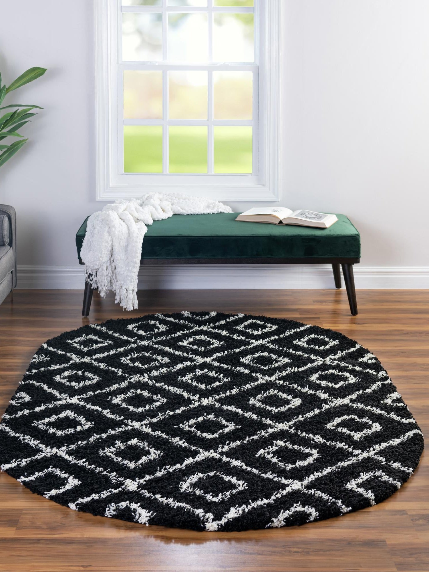Black and White 7' 10 x 10' Trellis Shag Oval Area Rug Thick Soft Touch Fluffy & Plush Shaggy Pile Geometric Modern Unique Carpet for Home Interior Design for Sale at Rug Engine