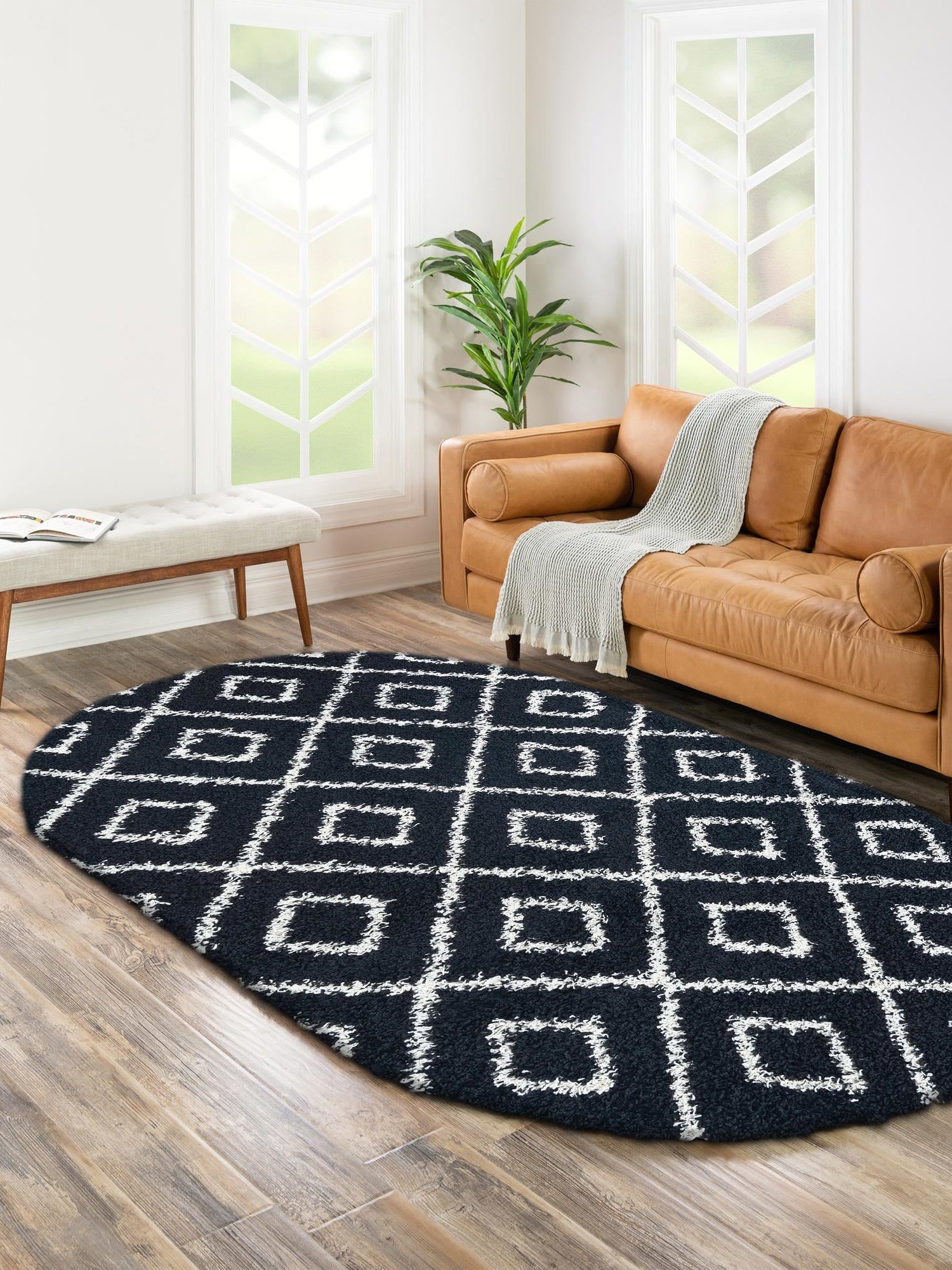 Black and White 5' 3 x 8' Trellis Shag Oval Area Rug Thick Soft Touch Fluffy & Plush Shaggy Pile Geometric Modern Unique Carpet for Home Interior Design for Sale at Rug Engine