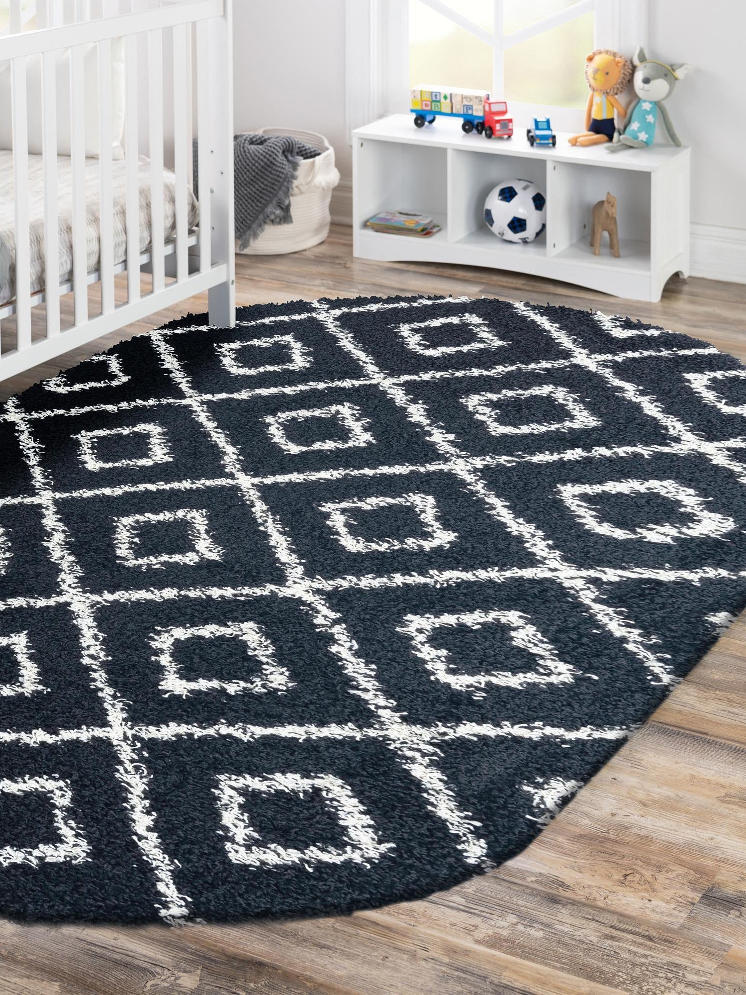 Black and White 5' 3 x 8' Trellis Shag Oval Area Rug Thick Soft Touch Fluffy & Plush Shaggy Pile Geometric Modern Unique Carpet for Home Interior Design for Sale at Rug Engine