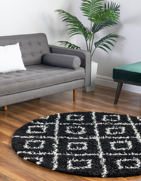 Black and White 5' 3 x 5' 3 Trellis Shag Round Area Rug Thick Soft Touch Fluffy & Plush Shaggy Pile